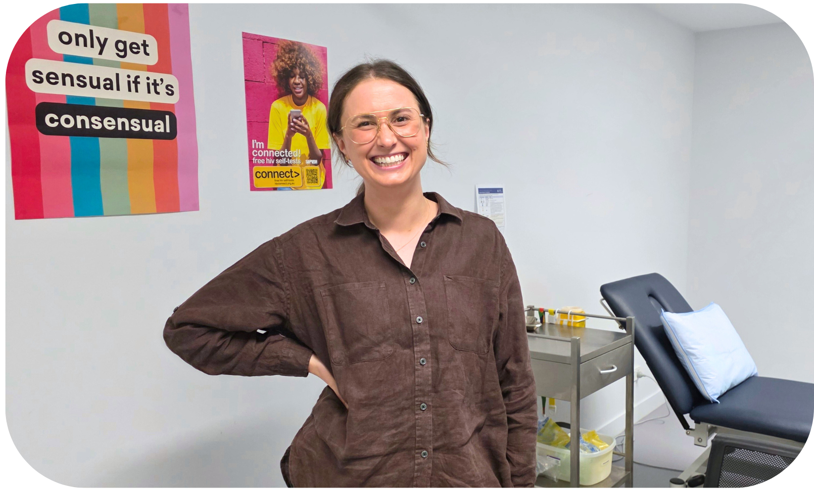 Adult, Female, Person, Woman, Face, Glasses, Smile, Shirt, Clinic, Chair
