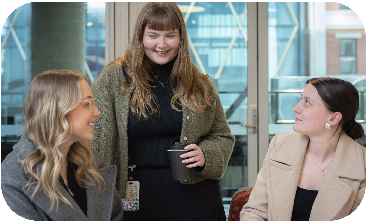 Coat, Adult, Female, Person, Woman, Head, Smile, Jacket, Conversation, Disposable Cup