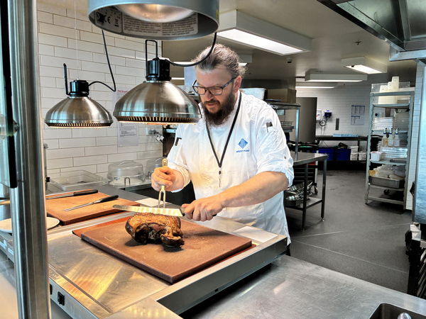 Chef, Person, Adult, Male, Man, Glasses, Knife, Food Presentation, Sink, Lamp