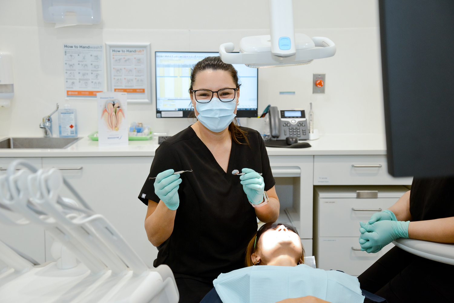 Glove, Sink, Adult, Male, Man, Person, Sink Faucet, Baby, Glasses, Dentist