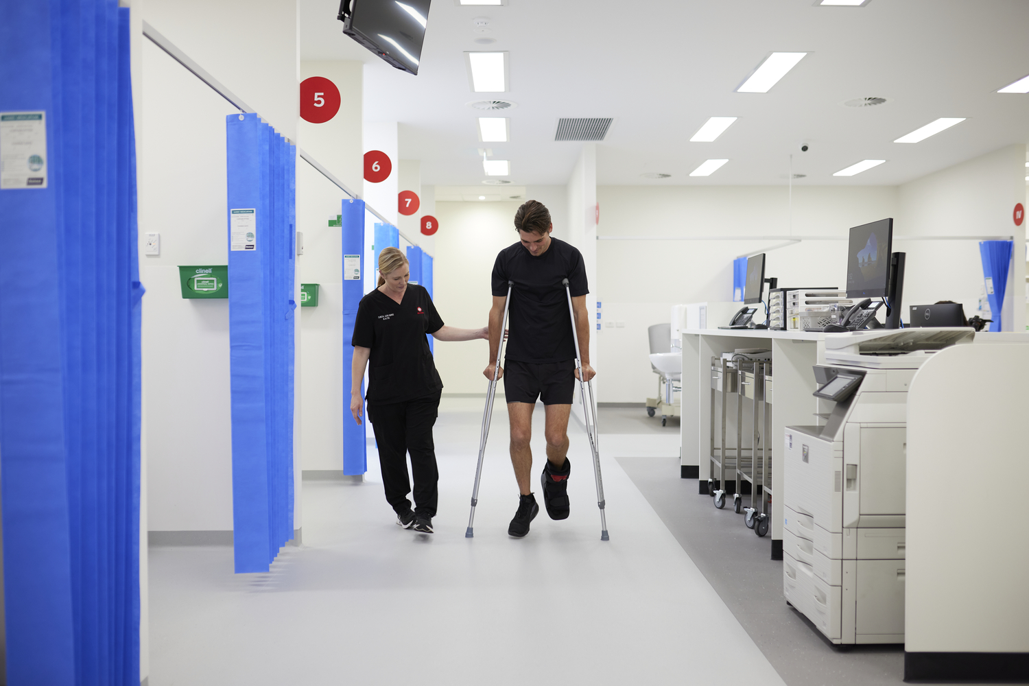 Hospital, Person, Walking, Shoe, Adult, Male, Man, Chair, Monitor, Glasses