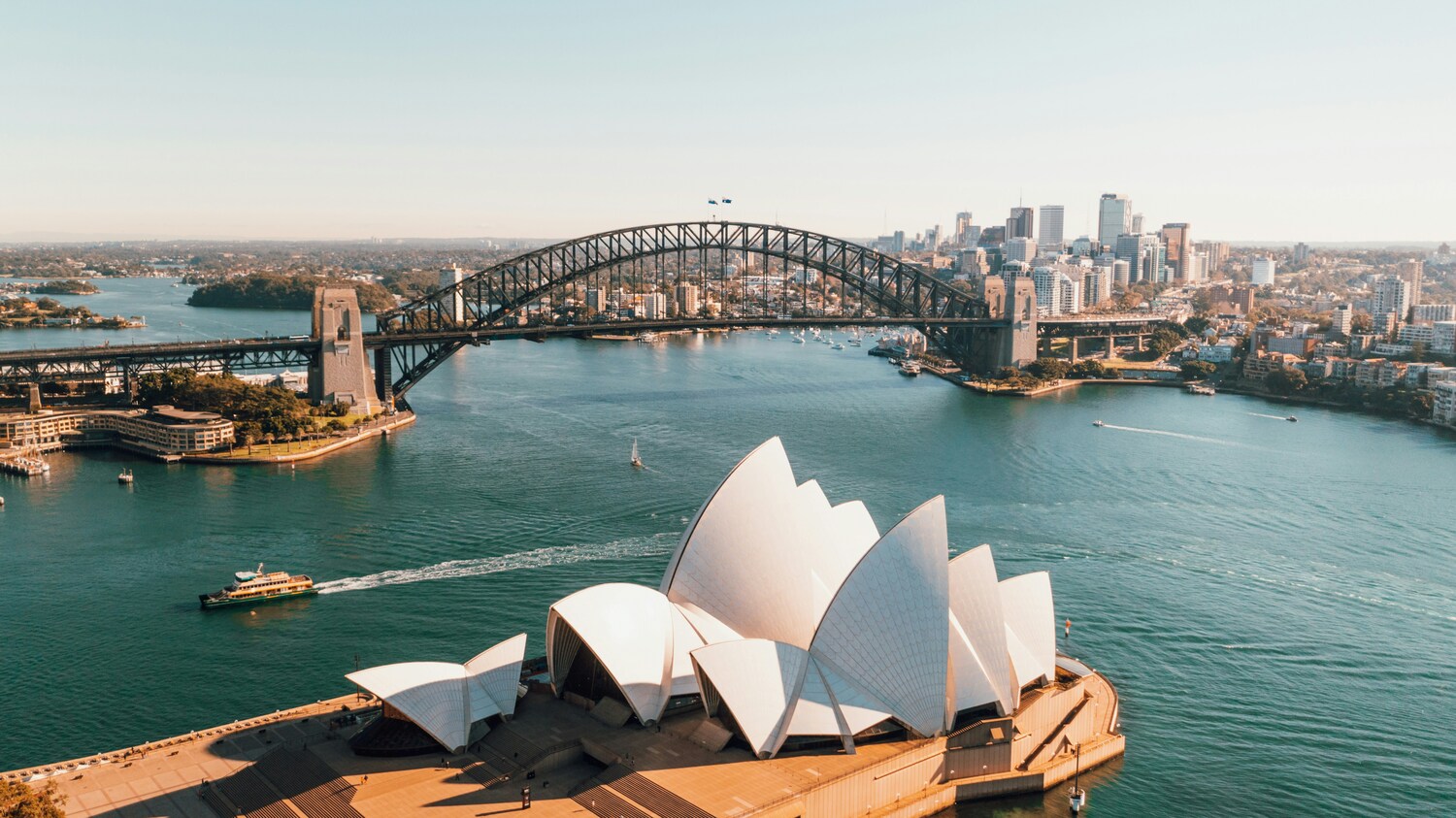 Building, Cityscape, Urban, Bridge, Landmark, Sydney Opera House, Outdoors, Boat, Vehicle, Person