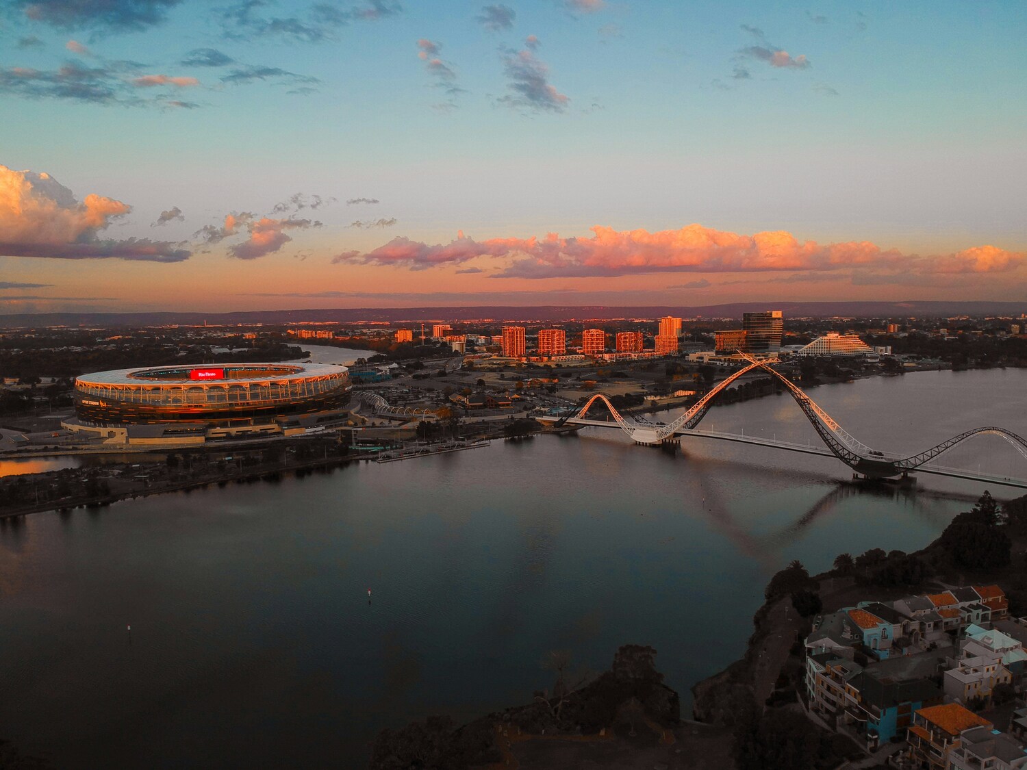 Building, Cityscape, Urban, Outdoors, Aerial View, Bridge, Arena, Stadium, Nature, Water