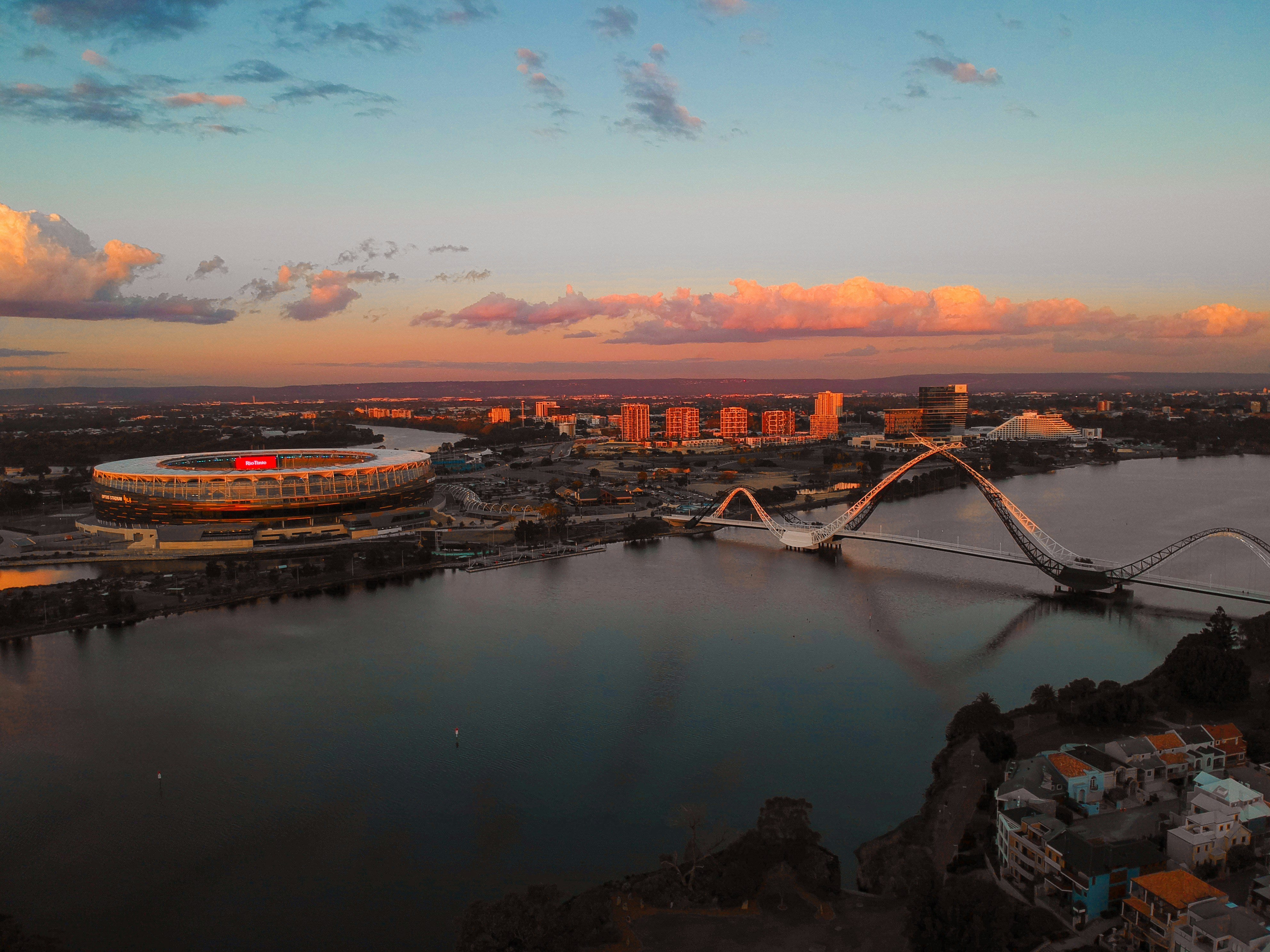 Building, Cityscape, Urban, Outdoors, Aerial View, Bridge, Arena, Stadium, Nature, Water