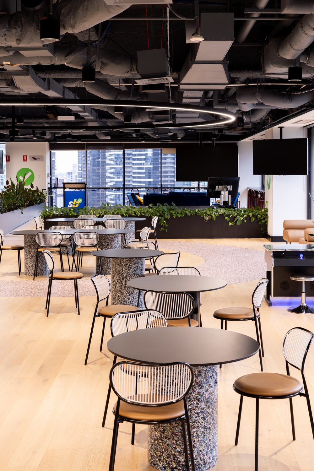 Cafeteria, Indoors, Restaurant, Chair, Furniture, Monitor, Desk, Interior Design, Airplane, Lounge