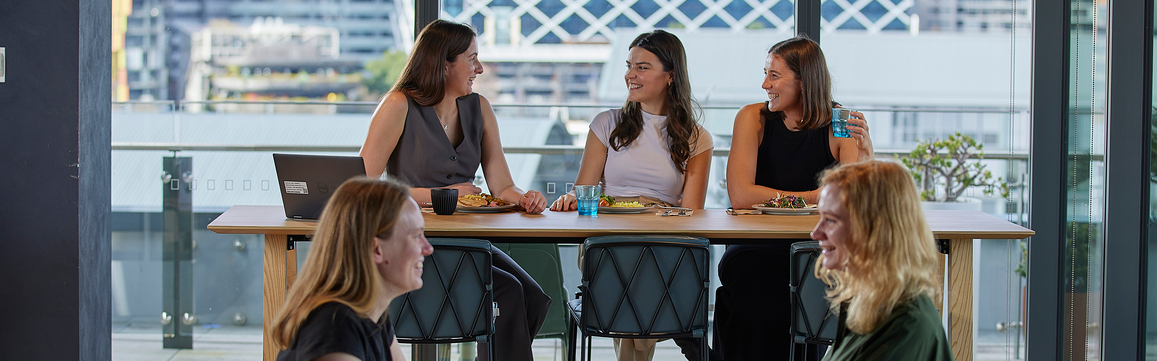 Adult, Female, Person, Woman, Conversation, Cafeteria, Laptop, Face, People, Necklace