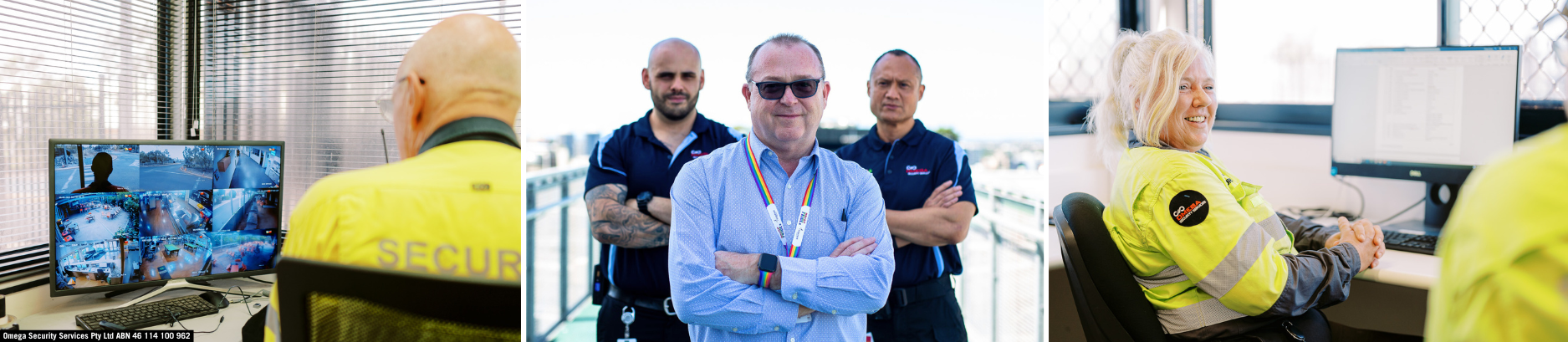 selection of omega employees iinn different environments, one watching a CCTV screen, three on a helipad and one in an office 