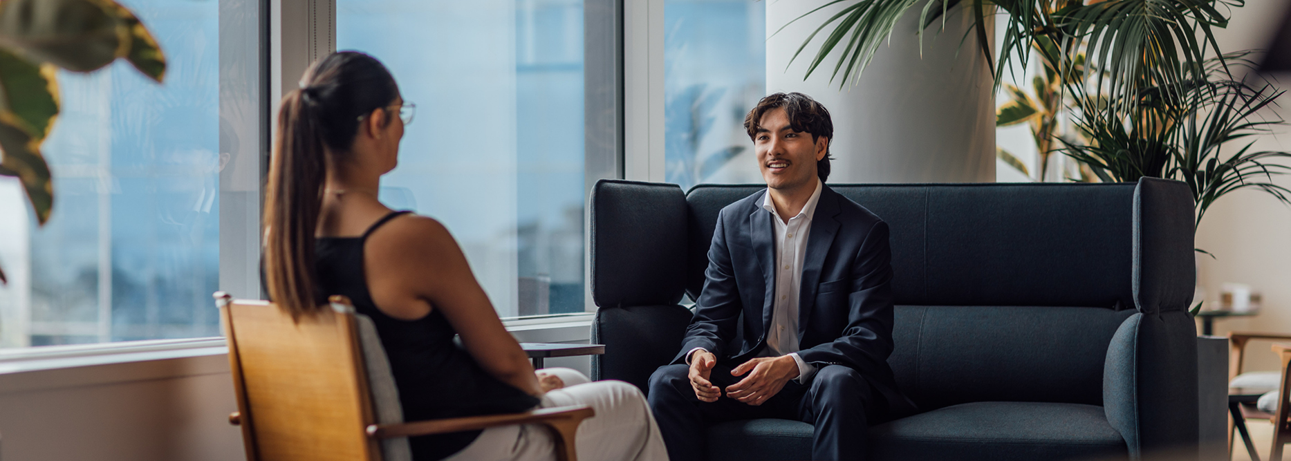 Conversation, Person, Adult, Female, Woman, Male, Man, Suit, Interview, Face
