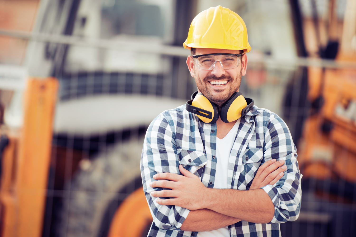 Person, Worker, Hardhat, Helmet, Headphones, Adult, Male, Man, Glasses, Face