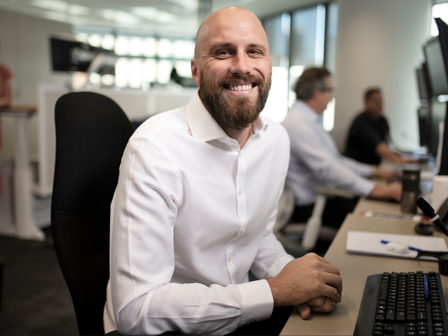 Computer Hardware, Computer Keyboard, Adult, Male, Man, Person, Table, Chair, Head, Executive